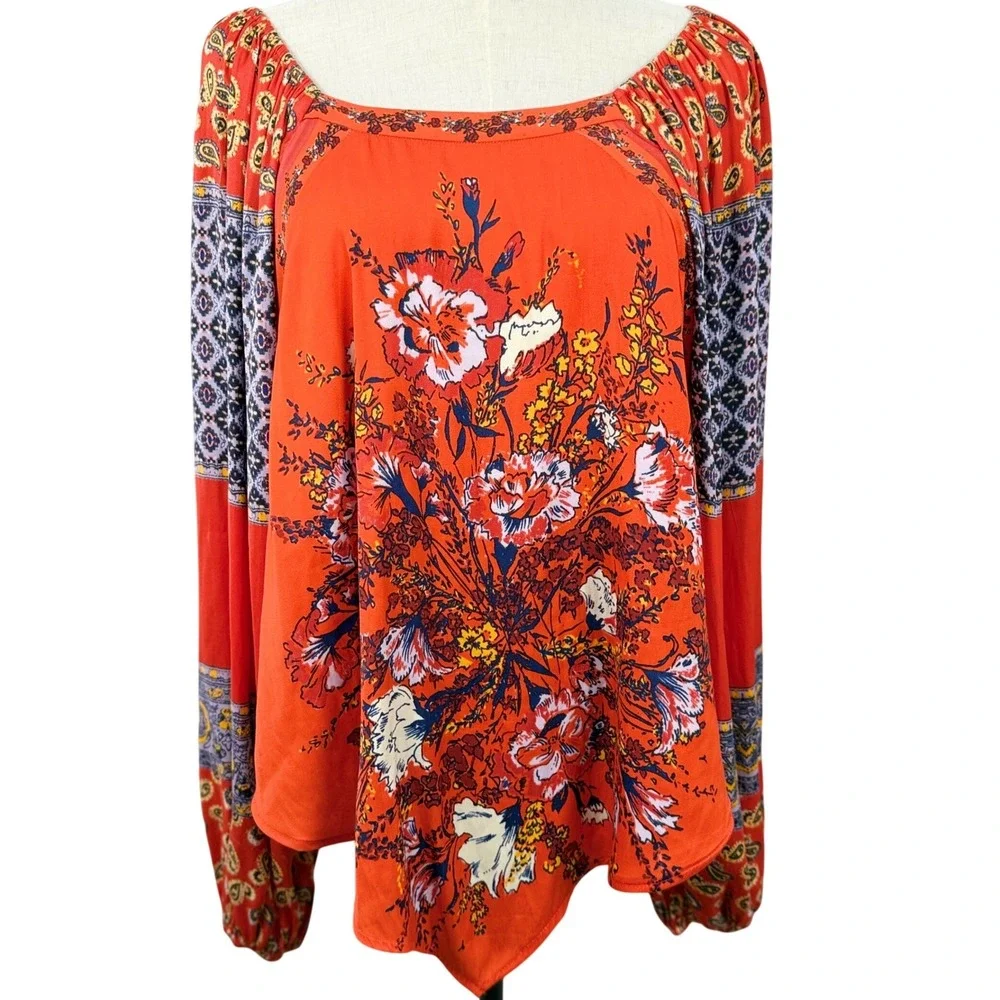 EUC Free People Positano Blouse S Floral Paisley Balloon Sleeve Boho Festival‎